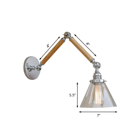 Cone Bedside Sconce Light Fixture Vintage Style Clear Glass 1 Light Chrome Wall Lamp, 8"+8"/6"+6"/8"+4" Wooden Arm Clearhalo 'Art deco wall lights' 'Cast Iron' 'Glass' 'Industrial wall lights' 'Industrial' 'Middle century wall lights' 'Modern' 'Rustic wall lights' 'Tiffany' 'Traditional wall lights' 'Wall Lamps & Sconces' 'Wall Lights' Lighting' 616197