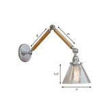 Cone Bedside Sconce Light Fixture Vintage Style Clear Glass 1 Light Chrome Wall Lamp, 8"+8"/6"+6"/8"+4" Wooden Arm Clearhalo 'Art deco wall lights' 'Cast Iron' 'Glass' 'Industrial wall lights' 'Industrial' 'Middle century wall lights' 'Modern' 'Rustic wall lights' 'Tiffany' 'Traditional wall lights' 'Wall Lamps & Sconces' 'Wall Lights' Lighting' 616197