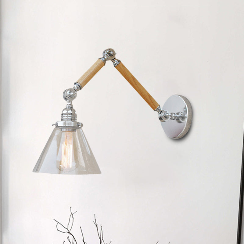 Cone Bedside Sconce Light Fixture Vintage Style Clear Glass 1 Light Chrome Wall Lamp, 8"+8"/6"+6"/8"+4" Wooden Arm Clear 8"+4" Clearhalo 'Art deco wall lights' 'Cast Iron' 'Glass' 'Industrial wall lights' 'Industrial' 'Middle century wall lights' 'Modern' 'Rustic wall lights' 'Tiffany' 'Traditional wall lights' 'Wall Lamps & Sconces' 'Wall Lights' Lighting' 616198