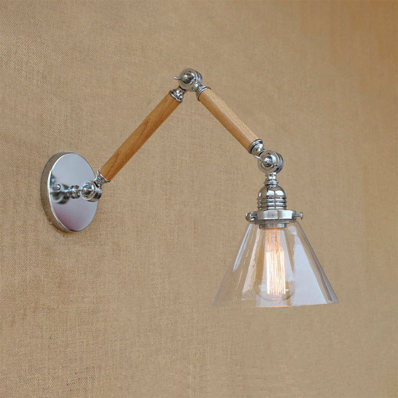 Cone Bedside Sconce Light Fixture Vintage Style Clear Glass 1 Light Chrome Wall Lamp, 8"+8"/6"+6"/8"+4" Wooden Arm Clearhalo 'Art deco wall lights' 'Cast Iron' 'Glass' 'Industrial wall lights' 'Industrial' 'Middle century wall lights' 'Modern' 'Rustic wall lights' 'Tiffany' 'Traditional wall lights' 'Wall Lamps & Sconces' 'Wall Lights' Lighting' 616200
