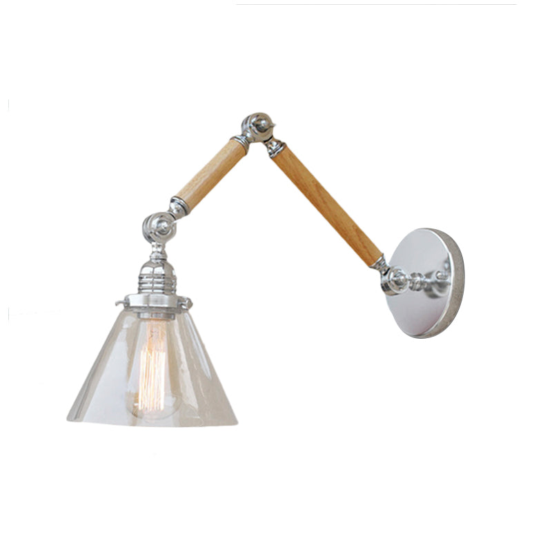 Cone Bedside Sconce Light Fixture Vintage Style Clear Glass 1 Light Chrome Wall Lamp, 8"+8"/6"+6"/8"+4" Wooden Arm Clearhalo 'Art deco wall lights' 'Cast Iron' 'Glass' 'Industrial wall lights' 'Industrial' 'Middle century wall lights' 'Modern' 'Rustic wall lights' 'Tiffany' 'Traditional wall lights' 'Wall Lamps & Sconces' 'Wall Lights' Lighting' 616201