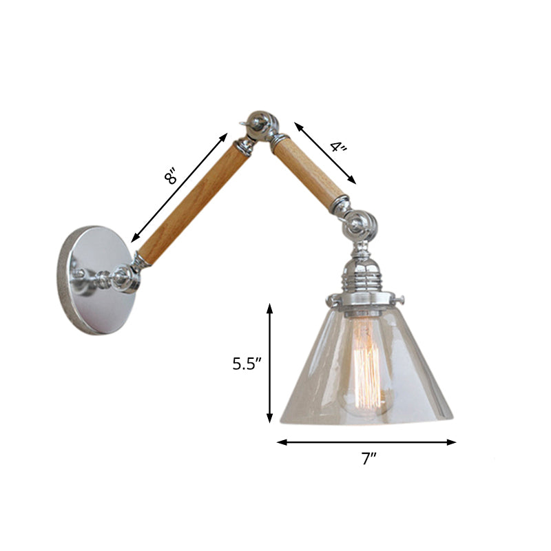Cone Bedside Sconce Light Fixture Vintage Style Clear Glass 1 Light Chrome Wall Lamp, 8"+8"/6"+6"/8"+4" Wooden Arm Clearhalo 'Art deco wall lights' 'Cast Iron' 'Glass' 'Industrial wall lights' 'Industrial' 'Middle century wall lights' 'Modern' 'Rustic wall lights' 'Tiffany' 'Traditional wall lights' 'Wall Lamps & Sconces' 'Wall Lights' Lighting' 616202