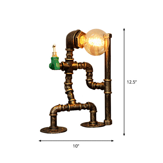 Wrought Iron Robot Table Lamp with Plumbing Pipe Rustic Style 1 Bulb Bedroom Table Lighting in Antique Brass Clearhalo 'Lamps' 'Table Lamps' Lighting' 616232