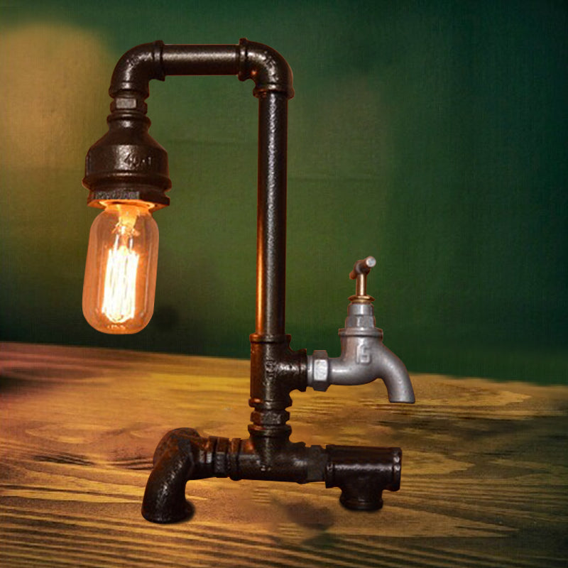 1 Head Table Lighting Vintage Style Water Pipe Wrought Iron Lighting Fixture with Faucet in Black Finish Clearhalo 'Lamps' 'Table Lamps' Lighting' 616249