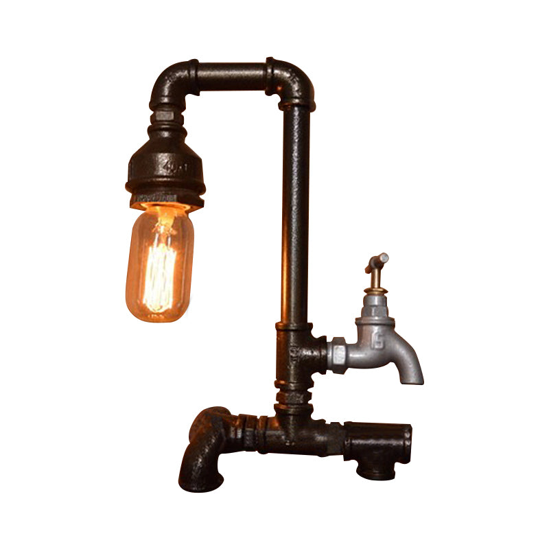 1 Head Table Lighting Vintage Style Water Pipe Wrought Iron Lighting Fixture with Faucet in Black Finish Clearhalo 'Lamps' 'Table Lamps' Lighting' 616251