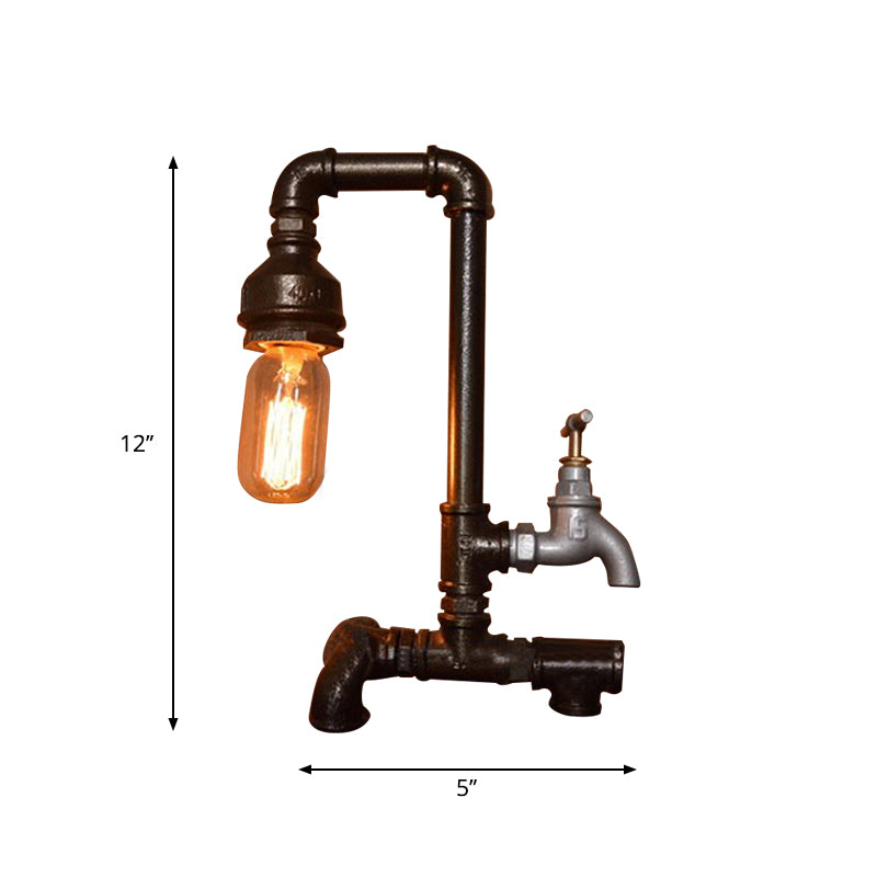 1 Head Table Lighting Vintage Style Water Pipe Wrought Iron Lighting Fixture with Faucet in Black Finish Clearhalo 'Lamps' 'Table Lamps' Lighting' 616252