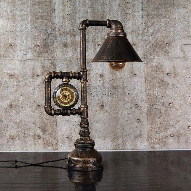 1 Bulb Conical Table Lighting with Clock Deco Steampunk Brass Finish Wrought Iron Standing Table Light Clearhalo 'Lamps' 'Table Lamps' Lighting' 616260