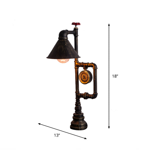 1 Bulb Conical Table Lighting with Clock Deco Steampunk Brass Finish Wrought Iron Standing Table Light Clearhalo 'Lamps' 'Table Lamps' Lighting' 616262