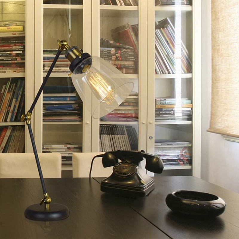 Black One Light Desk Lighting Industrial Clear Glass Tapered Reading Lamp with Swing Arm Clearhalo 'Desk Lamps' 'Lamps' Lighting' 616317