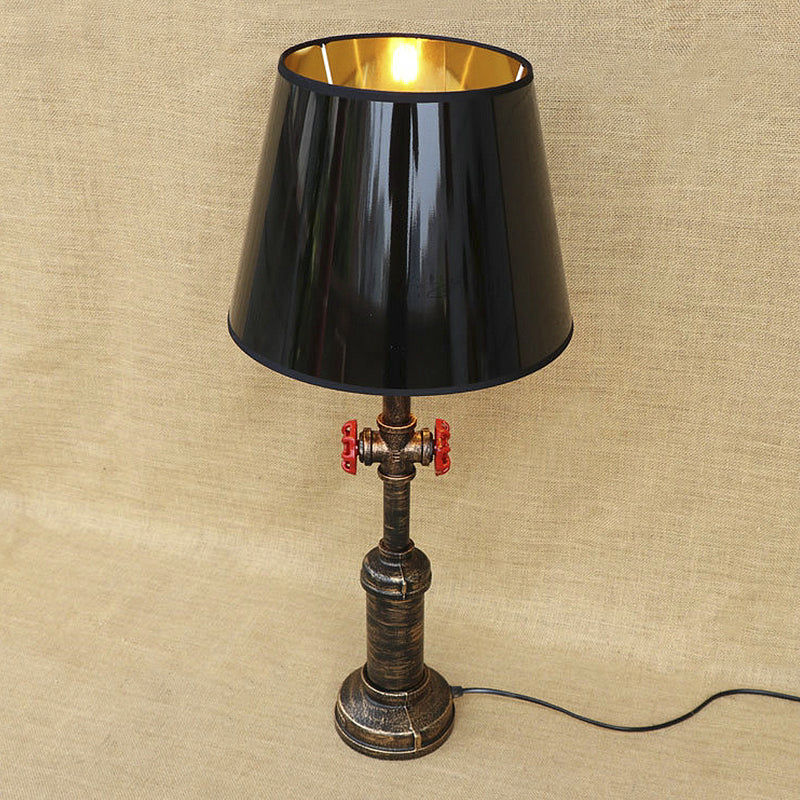 Industrial Style Pipe Table Light with Tapered Shade and Valve 1 Light Table Lamp in Black for Indoor Clearhalo 'Desk Lamps' 'Lamps' Lighting' 616327