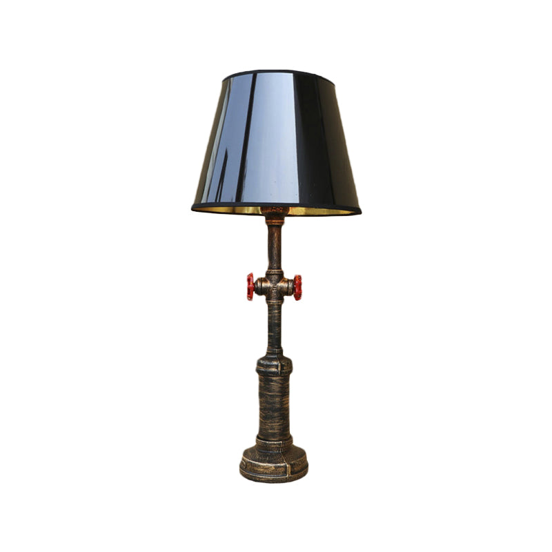 Industrial Style Pipe Table Light with Tapered Shade and Valve 1 Light Table Lamp in Black for Indoor Clearhalo 'Desk Lamps' 'Lamps' Lighting' 616329