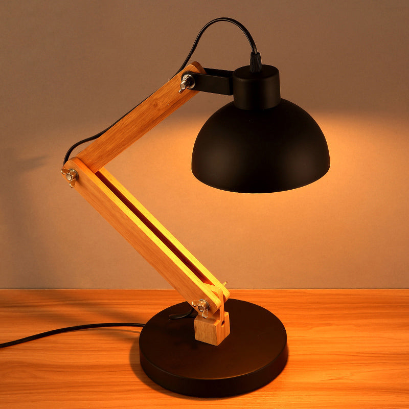 Domed Study Room Reading Light Loft Style Metal 1 Light Black/White Adjustable Desk Lamp with Wood Arm Black Clearhalo 'Desk Lamps' 'Lamps' Lighting' 616331