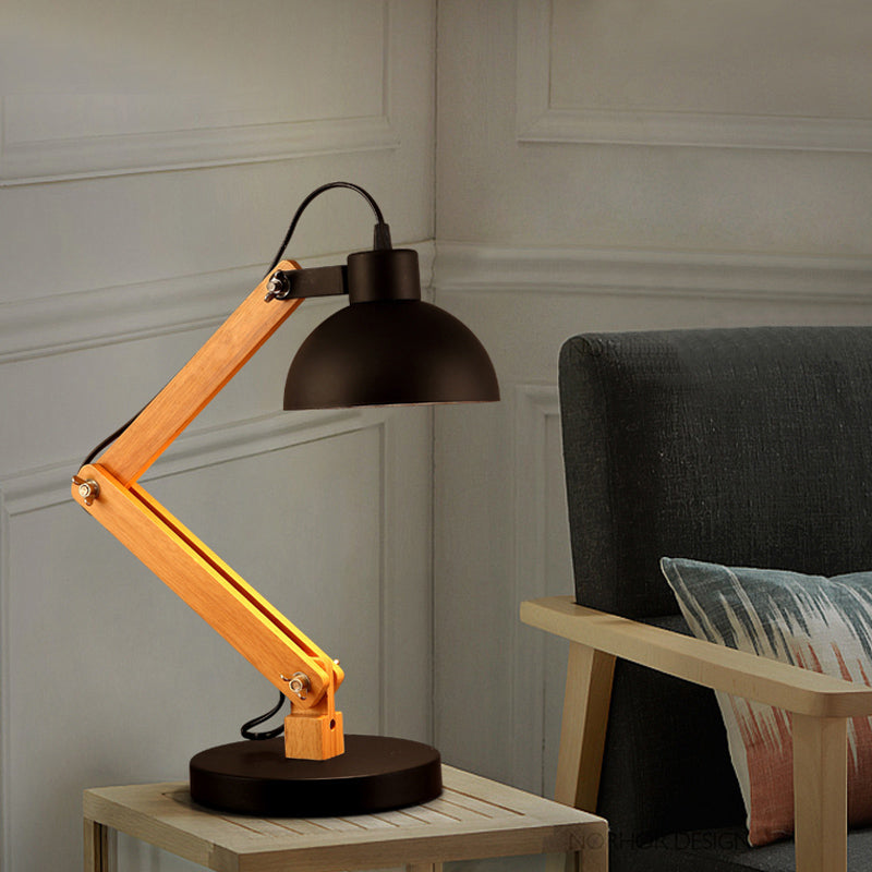 Domed Study Room Reading Light Loft Style Metal 1 Light Black/White Adjustable Desk Lamp with Wood Arm Clearhalo 'Desk Lamps' 'Lamps' Lighting' 616333