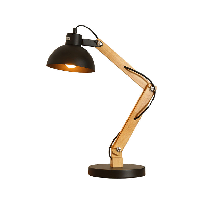 Domed Study Room Reading Light Loft Style Metal 1 Light Black/White Adjustable Desk Lamp with Wood Arm Clearhalo 'Desk Lamps' 'Lamps' Lighting' 616334