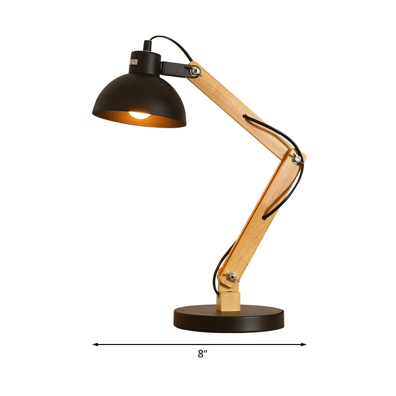 Domed Study Room Reading Light Loft Style Metal 1 Light Black/White Adjustable Desk Lamp with Wood Arm Clearhalo 'Desk Lamps' 'Lamps' Lighting' 616335