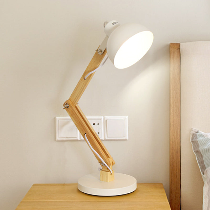 Domed Study Room Reading Light Loft Style Metal 1 Light Black/White Adjustable Desk Lamp with Wood Arm White Clearhalo 'Desk Lamps' 'Lamps' Lighting' 616336