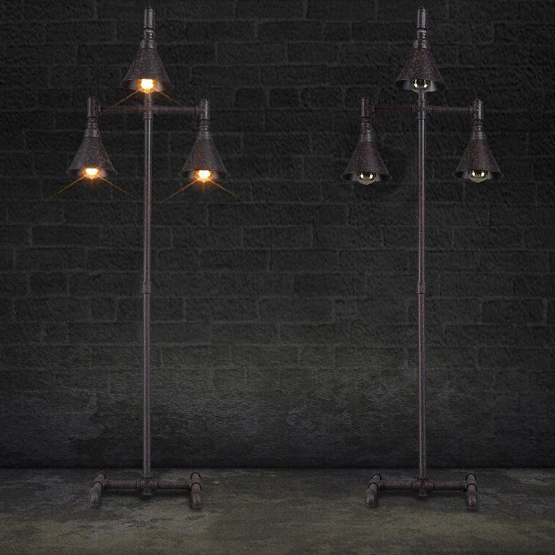 3-Light Iron Floor Light Antique Style Dark Rust Conical Shade Indoor Floor Lamp with Pipe Design Rust Clearhalo 'Floor Lamps' 'Lamps' Lighting' 616400