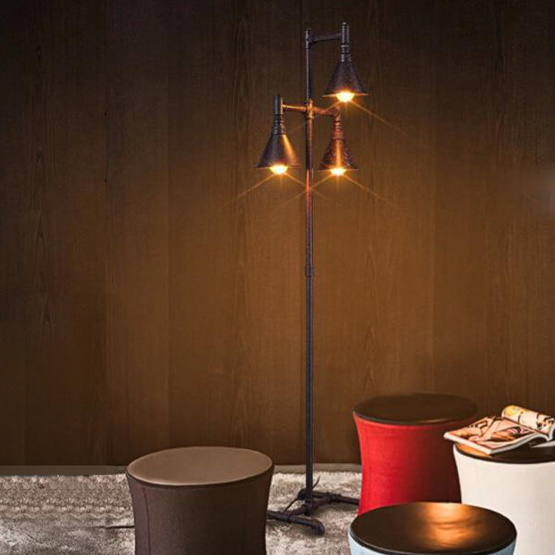 3-Light Iron Floor Light Antique Style Dark Rust Conical Shade Indoor Floor Lamp with Pipe Design Clearhalo 'Floor Lamps' 'Lamps' Lighting' 616401