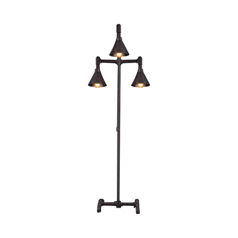 3-Light Iron Floor Light Antique Style Dark Rust Conical Shade Indoor Floor Lamp with Pipe Design Clearhalo 'Floor Lamps' 'Lamps' Lighting' 616403