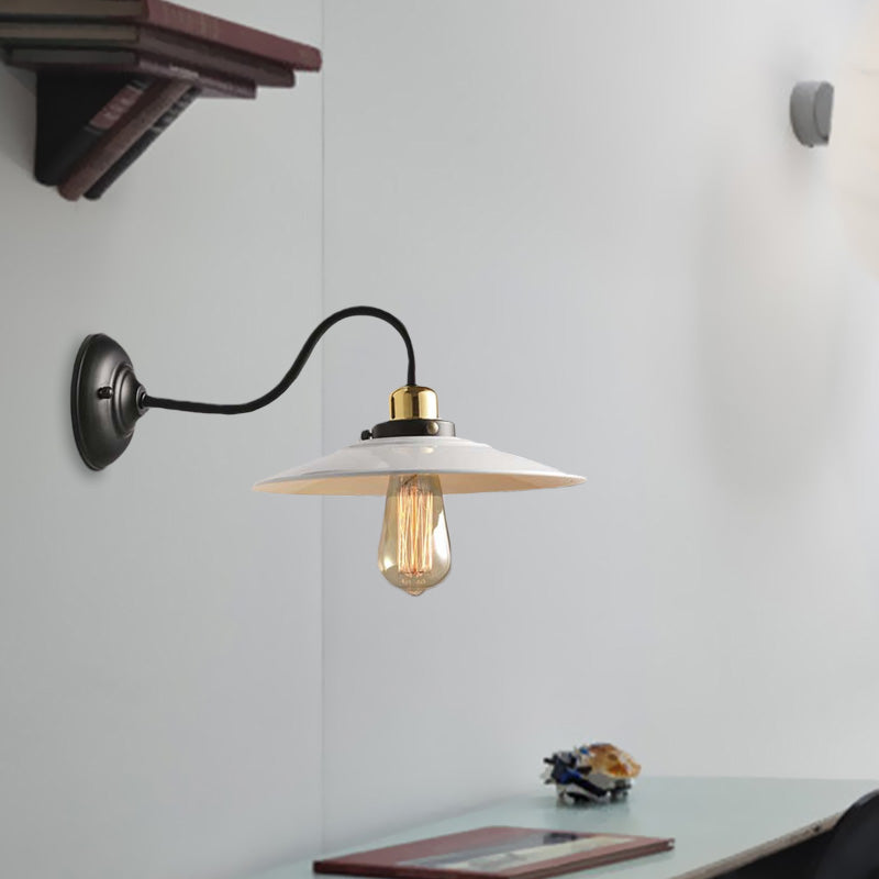 Metallic White/Green Wall Sconce Flared Shade 1 Head Vintage Style Wall Mount Light with Gooseneck Arm Clearhalo 'Art deco wall lights' 'Cast Iron' 'Glass' 'Industrial wall lights' 'Industrial' 'Middle century wall lights' 'Modern' 'Rustic wall lights' 'Tiffany' 'Traditional wall lights' 'Wall Lamps & Sconces' 'Wall Lights' Lighting' 616421