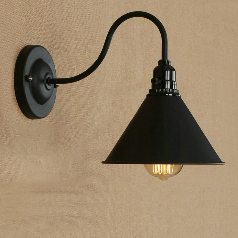 Cone Bedroom Wall Lighting with Gooseneck Arm Farmhouse Metal 1 Light Black/White Wall Sconce Lamp Black Clearhalo 'Art deco wall lights' 'Cast Iron' 'Glass' 'Industrial wall lights' 'Industrial' 'Middle century wall lights' 'Modern' 'Rustic wall lights' 'Tiffany' 'Traditional wall lights' 'Wall Lamps & Sconces' 'Wall Lights' Lighting' 616424