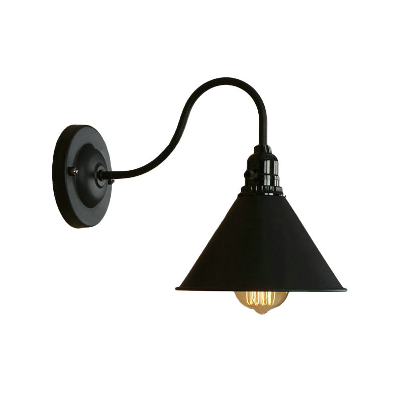 Cone Bedroom Wall Lighting with Gooseneck Arm Farmhouse Metal 1 Light Black/White Wall Sconce Lamp Clearhalo 'Art deco wall lights' 'Cast Iron' 'Glass' 'Industrial wall lights' 'Industrial' 'Middle century wall lights' 'Modern' 'Rustic wall lights' 'Tiffany' 'Traditional wall lights' 'Wall Lamps & Sconces' 'Wall Lights' Lighting' 616427