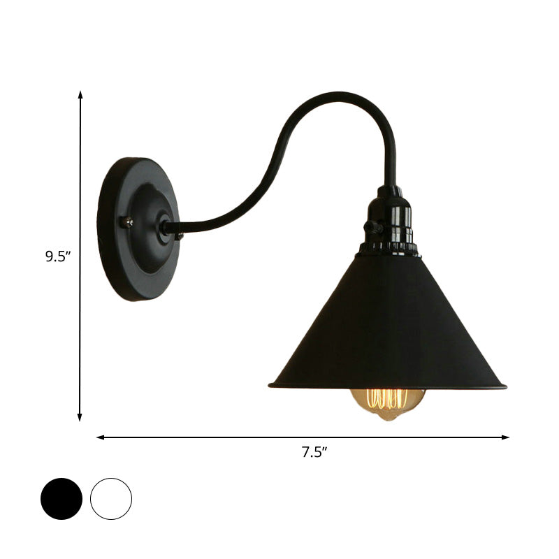 Cone Bedroom Wall Lighting with Gooseneck Arm Farmhouse Metal 1 Light Black/White Wall Sconce Lamp Clearhalo 'Art deco wall lights' 'Cast Iron' 'Glass' 'Industrial wall lights' 'Industrial' 'Middle century wall lights' 'Modern' 'Rustic wall lights' 'Tiffany' 'Traditional wall lights' 'Wall Lamps & Sconces' 'Wall Lights' Lighting' 616428