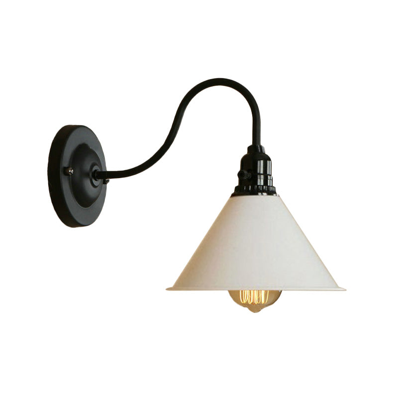 Cone Bedroom Wall Lighting with Gooseneck Arm Farmhouse Metal 1 Light Black/White Wall Sconce Lamp Clearhalo 'Art deco wall lights' 'Cast Iron' 'Glass' 'Industrial wall lights' 'Industrial' 'Middle century wall lights' 'Modern' 'Rustic wall lights' 'Tiffany' 'Traditional wall lights' 'Wall Lamps & Sconces' 'Wall Lights' Lighting' 616432