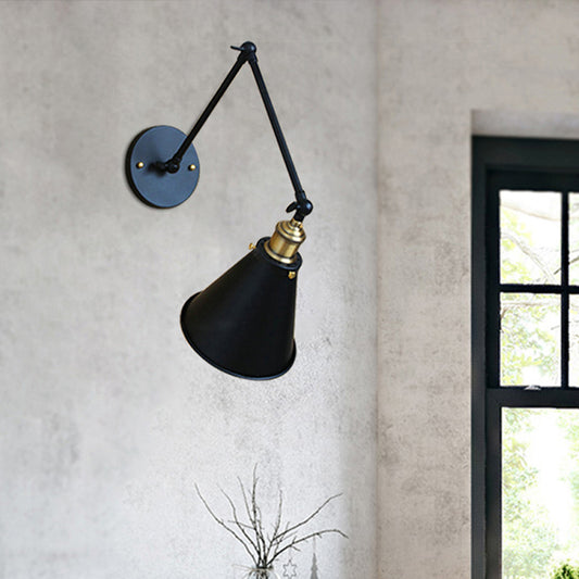 Swing Arm Indoor Wall Lighting with Conic Shade Retro Metal 1 Light Black Wall Mount Light Clearhalo 'Art deco wall lights' 'Cast Iron' 'Glass' 'Industrial wall lights' 'Industrial' 'Middle century wall lights' 'Modern' 'Rustic wall lights' 'Tiffany' 'Traditional wall lights' 'Wall Lamps & Sconces' 'Wall Lights' Lighting' 616458
