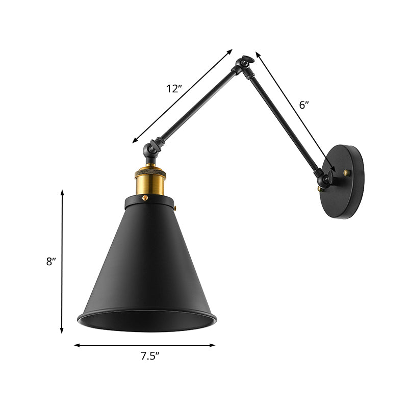 Swing Arm Indoor Wall Lighting with Conic Shade Retro Metal 1 Light Black Wall Mount Light Clearhalo 'Art deco wall lights' 'Cast Iron' 'Glass' 'Industrial wall lights' 'Industrial' 'Middle century wall lights' 'Modern' 'Rustic wall lights' 'Tiffany' 'Traditional wall lights' 'Wall Lamps & Sconces' 'Wall Lights' Lighting' 616463