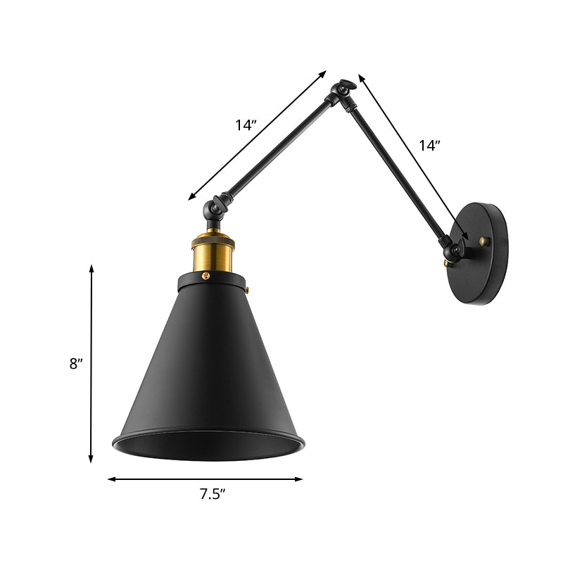Swing Arm Indoor Wall Lighting with Conic Shade Retro Metal 1 Light Black Wall Mount Light Clearhalo 'Art deco wall lights' 'Cast Iron' 'Glass' 'Industrial wall lights' 'Industrial' 'Middle century wall lights' 'Modern' 'Rustic wall lights' 'Tiffany' 'Traditional wall lights' 'Wall Lamps & Sconces' 'Wall Lights' Lighting' 616464