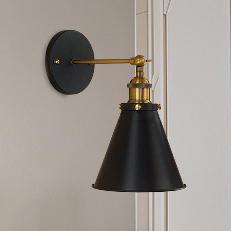 Black/Brass 1 Bulb Sconce Lighting Industrial Stylish Metal Conic Shade Wall Lighting for Living Room Clearhalo 'Art deco wall lights' 'Cast Iron' 'Glass' 'Industrial wall lights' 'Industrial' 'Middle century wall lights' 'Modern' 'Rustic wall lights' 'Tiffany' 'Traditional wall lights' 'Wall Lamps & Sconces' 'Wall Lights' Lighting' 616467