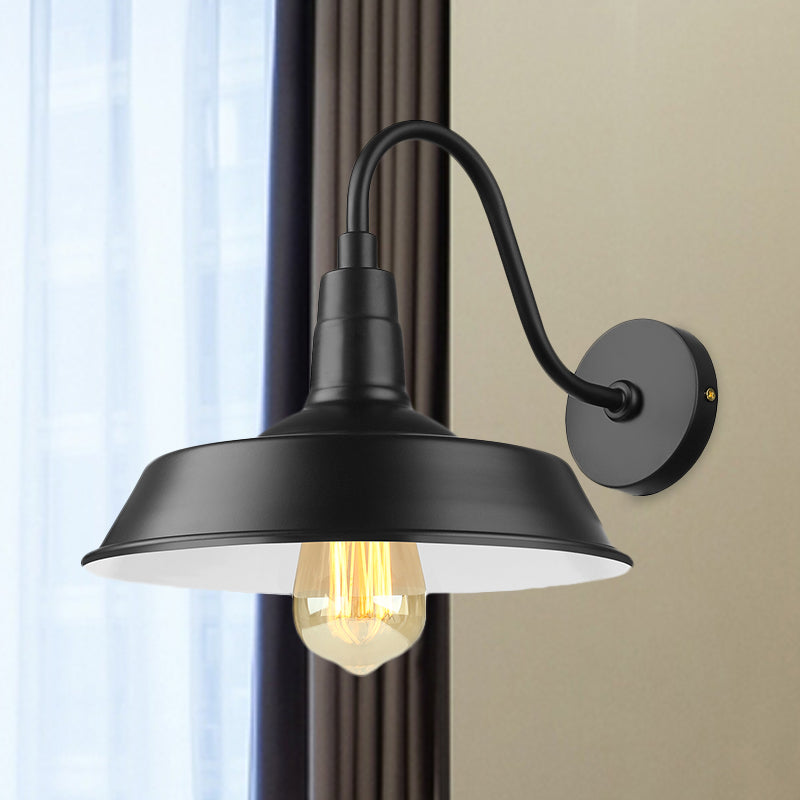 Black/White Barn Wall Sconce Lighting Industrial 1 Light Dining Room Wall Mount Light with Gooseneck Arm, 10"/14" Width Black Clearhalo 'Art deco wall lights' 'Cast Iron' 'Glass' 'Industrial wall lights' 'Industrial' 'Middle century wall lights' 'Modern' 'Rustic wall lights' 'Tiffany' 'Traditional wall lights' 'Wall Lamps & Sconces' 'Wall Lights' Lighting' 616474