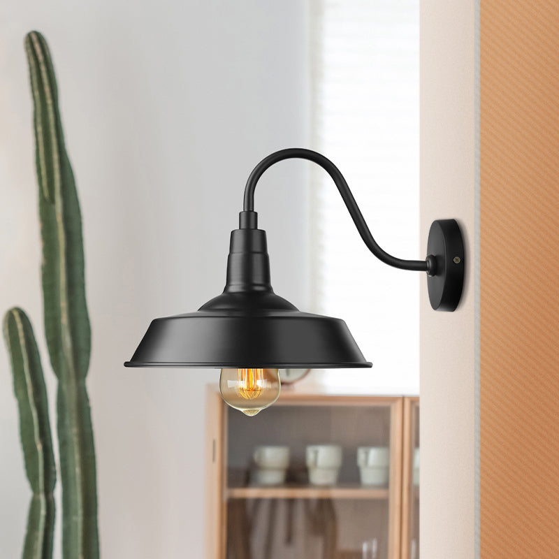 Black/White Barn Wall Sconce Lighting Industrial 1 Light Dining Room Wall Mount Light with Gooseneck Arm, 10"/14" Width Clearhalo 'Art deco wall lights' 'Cast Iron' 'Glass' 'Industrial wall lights' 'Industrial' 'Middle century wall lights' 'Modern' 'Rustic wall lights' 'Tiffany' 'Traditional wall lights' 'Wall Lamps & Sconces' 'Wall Lights' Lighting' 616475