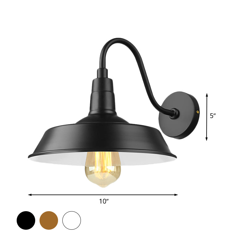 Black/White Barn Wall Sconce Lighting Industrial 1 Light Dining Room Wall Mount Light with Gooseneck Arm, 10"/14" Width Clearhalo 'Art deco wall lights' 'Cast Iron' 'Glass' 'Industrial wall lights' 'Industrial' 'Middle century wall lights' 'Modern' 'Rustic wall lights' 'Tiffany' 'Traditional wall lights' 'Wall Lamps & Sconces' 'Wall Lights' Lighting' 616478