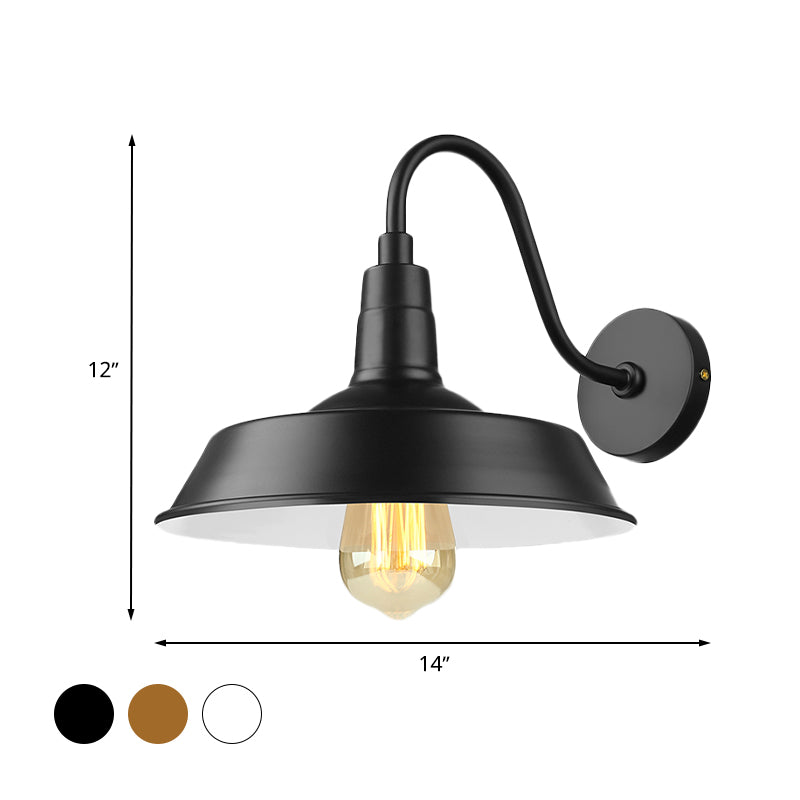 Black/White Barn Wall Sconce Lighting Industrial 1 Light Dining Room Wall Mount Light with Gooseneck Arm, 10"/14" Width Clearhalo 'Art deco wall lights' 'Cast Iron' 'Glass' 'Industrial wall lights' 'Industrial' 'Middle century wall lights' 'Modern' 'Rustic wall lights' 'Tiffany' 'Traditional wall lights' 'Wall Lamps & Sconces' 'Wall Lights' Lighting' 616479