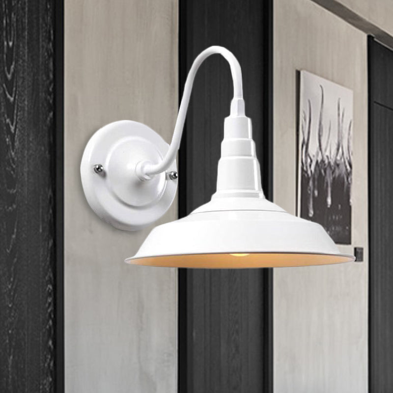 Black/White Barn Wall Sconce Lighting Industrial 1 Light Dining Room Wall Mount Light with Gooseneck Arm, 10"/14" Width White Clearhalo 'Art deco wall lights' 'Cast Iron' 'Glass' 'Industrial wall lights' 'Industrial' 'Middle century wall lights' 'Modern' 'Rustic wall lights' 'Tiffany' 'Traditional wall lights' 'Wall Lamps & Sconces' 'Wall Lights' Lighting' 616484