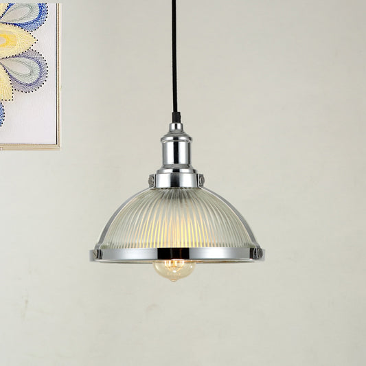 Antique Brass/Chrome Dome Ceiling Light Industrial Ribbed Glass Single Light Dining Room Pendant Lighting Fixture Clearhalo 'Ceiling Lights' 'Glass shade' 'Glass' 'Industrial Pendants' 'Industrial' 'Middle Century Pendants' 'Pendant Lights' 'Pendants' 'Tiffany' Lighting' 616504