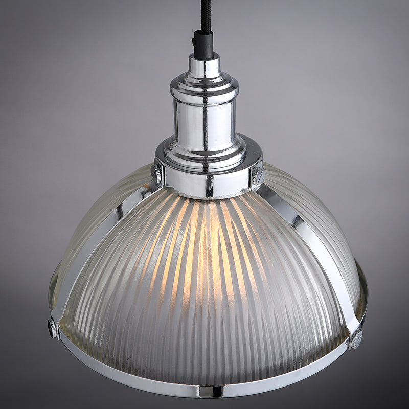 Antique Brass/Chrome Dome Ceiling Light Industrial Ribbed Glass Single Light Dining Room Pendant Lighting Fixture Clearhalo 'Ceiling Lights' 'Glass shade' 'Glass' 'Industrial Pendants' 'Industrial' 'Middle Century Pendants' 'Pendant Lights' 'Pendants' 'Tiffany' Lighting' 616505