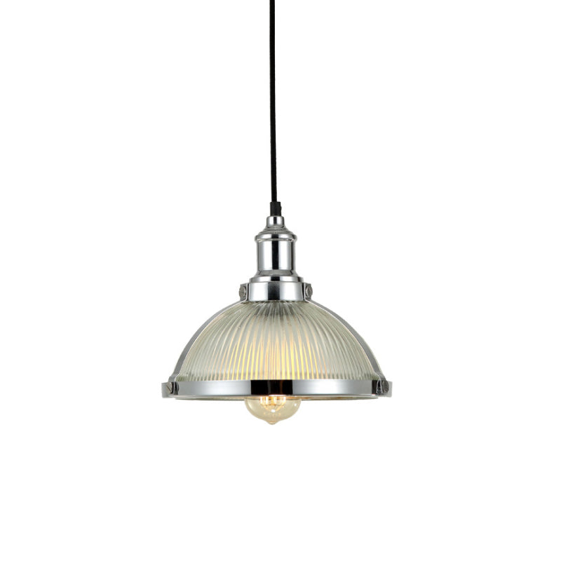 Antique Brass/Chrome Dome Ceiling Light Industrial Ribbed Glass Single Light Dining Room Pendant Lighting Fixture Clearhalo 'Ceiling Lights' 'Glass shade' 'Glass' 'Industrial Pendants' 'Industrial' 'Middle Century Pendants' 'Pendant Lights' 'Pendants' 'Tiffany' Lighting' 616506