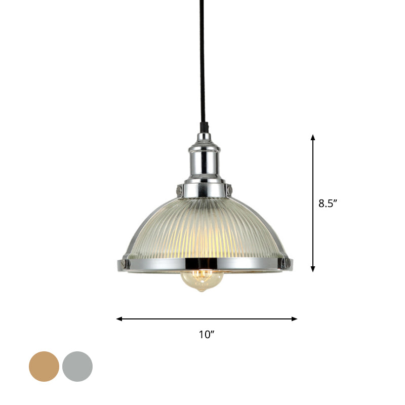 Antique Brass/Chrome Dome Ceiling Light Industrial Ribbed Glass Single Light Dining Room Pendant Lighting Fixture Clearhalo 'Ceiling Lights' 'Glass shade' 'Glass' 'Industrial Pendants' 'Industrial' 'Middle Century Pendants' 'Pendant Lights' 'Pendants' 'Tiffany' Lighting' 616507