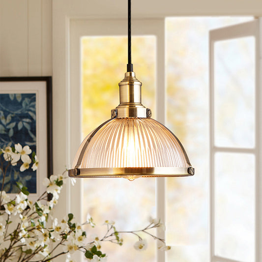 Antique Brass/Chrome Dome Ceiling Light Industrial Ribbed Glass Single Light Dining Room Pendant Lighting Fixture Antique Brass Clearhalo 'Ceiling Lights' 'Glass shade' 'Glass' 'Industrial Pendants' 'Industrial' 'Middle Century Pendants' 'Pendant Lights' 'Pendants' 'Tiffany' Lighting' 616508