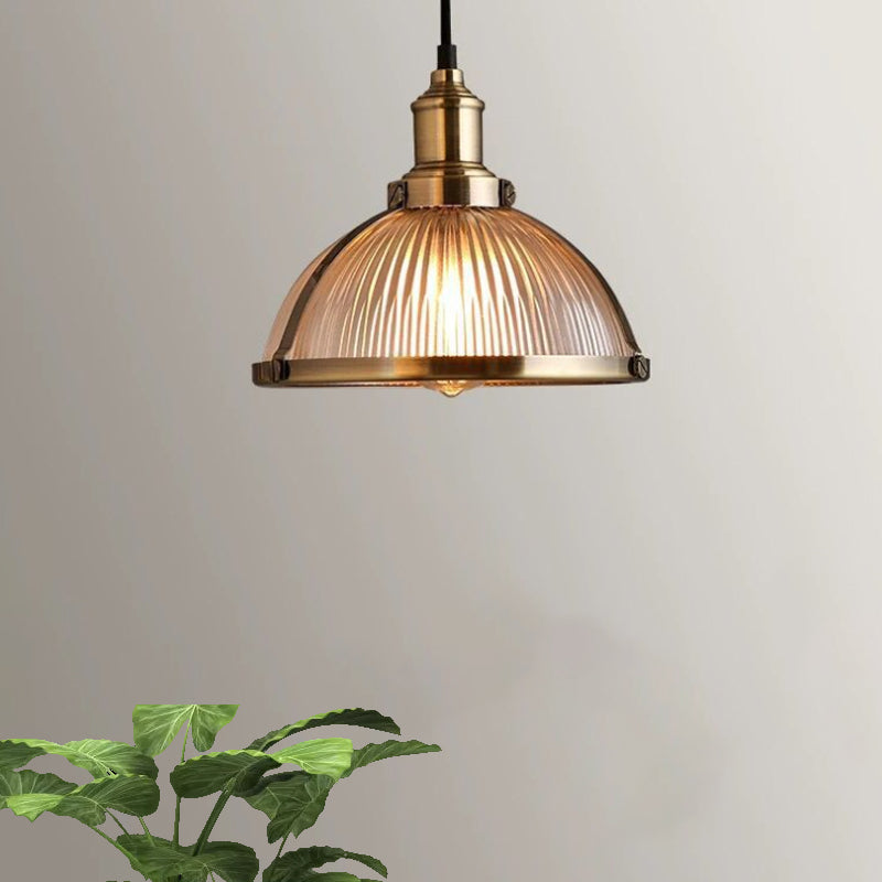 Antique Brass/Chrome Dome Ceiling Light Industrial Ribbed Glass Single Light Dining Room Pendant Lighting Fixture Clearhalo 'Ceiling Lights' 'Glass shade' 'Glass' 'Industrial Pendants' 'Industrial' 'Middle Century Pendants' 'Pendant Lights' 'Pendants' 'Tiffany' Lighting' 616509