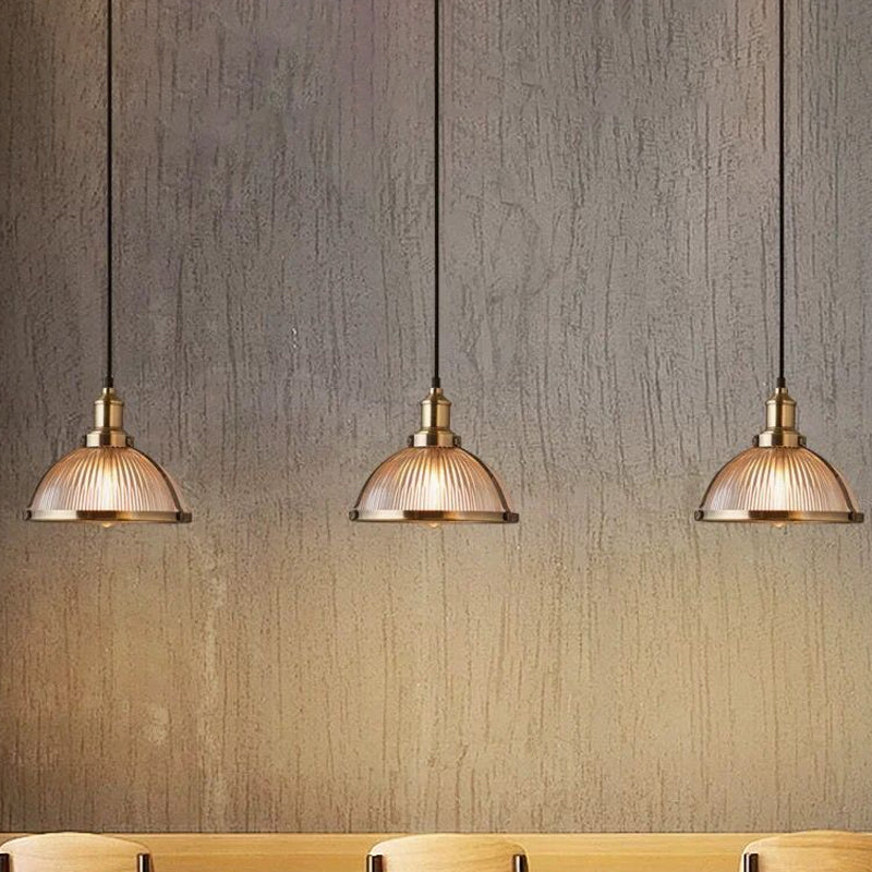 Antique Brass/Chrome Dome Ceiling Light Industrial Ribbed Glass Single Light Dining Room Pendant Lighting Fixture Clearhalo 'Ceiling Lights' 'Glass shade' 'Glass' 'Industrial Pendants' 'Industrial' 'Middle Century Pendants' 'Pendant Lights' 'Pendants' 'Tiffany' Lighting' 616510