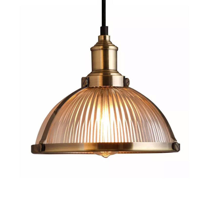 Antique Brass/Chrome Dome Ceiling Light Industrial Ribbed Glass Single Light Dining Room Pendant Lighting Fixture Clearhalo 'Ceiling Lights' 'Glass shade' 'Glass' 'Industrial Pendants' 'Industrial' 'Middle Century Pendants' 'Pendant Lights' 'Pendants' 'Tiffany' Lighting' 616511
