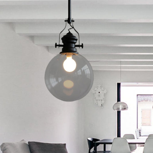 Globe Pendant Light Industrial 8"/10" Wide Single Light Clear Glass Hanging Lamp in Black Clear Clearhalo 'Ceiling Lights' 'Glass shade' 'Glass' 'Industrial Pendants' 'Industrial' 'Middle Century Pendants' 'Pendant Lights' 'Pendants' 'Tiffany' Lighting' 616512