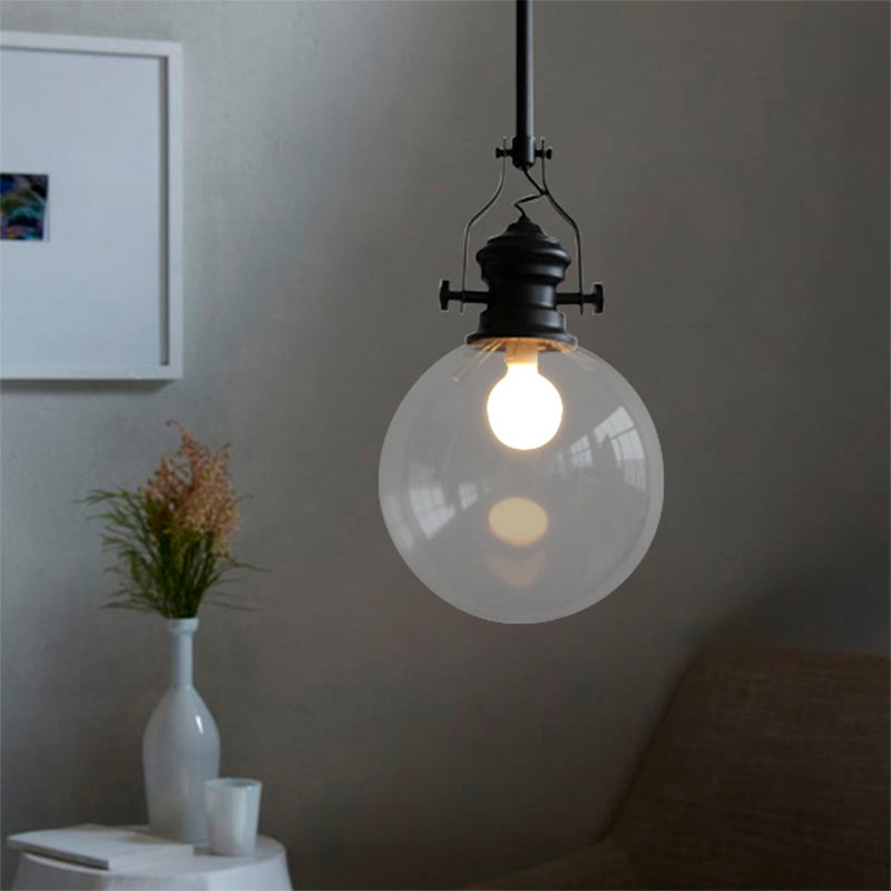 Globe Pendant Light Industrial 8"/10" Wide Single Light Clear Glass Hanging Lamp in Black Clearhalo 'Ceiling Lights' 'Glass shade' 'Glass' 'Industrial Pendants' 'Industrial' 'Middle Century Pendants' 'Pendant Lights' 'Pendants' 'Tiffany' Lighting' 616513