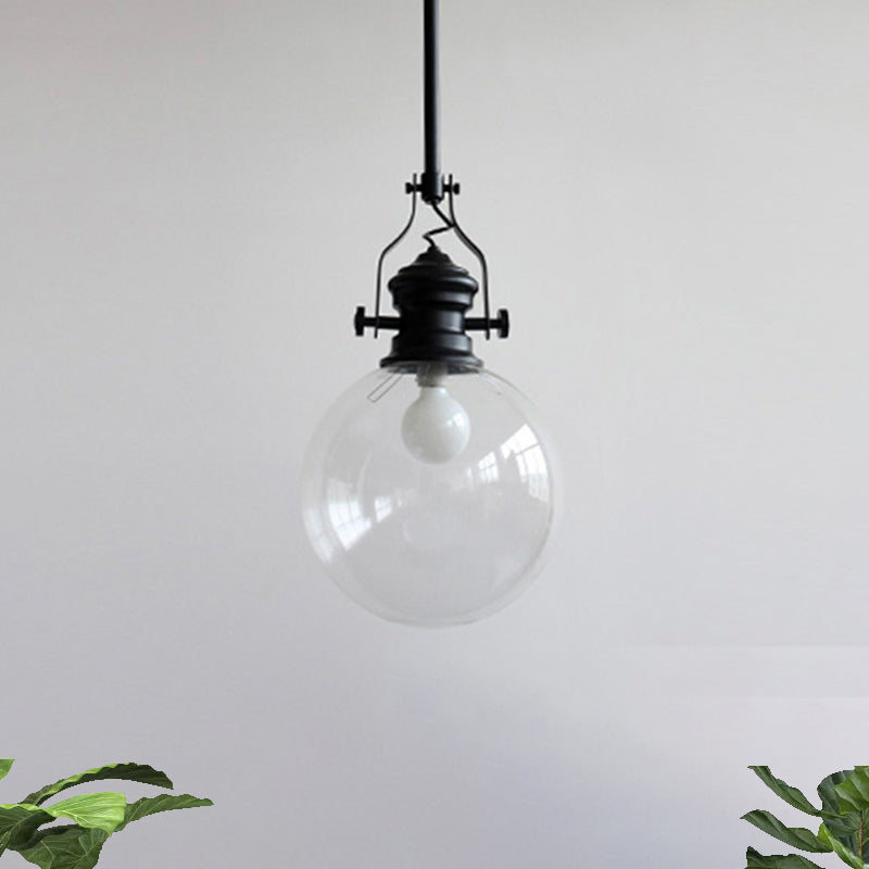 Globe Pendant Light Industrial 8"/10" Wide Single Light Clear Glass Hanging Lamp in Black Clearhalo 'Ceiling Lights' 'Glass shade' 'Glass' 'Industrial Pendants' 'Industrial' 'Middle Century Pendants' 'Pendant Lights' 'Pendants' 'Tiffany' Lighting' 616514