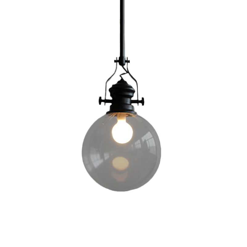 Globe Pendant Light Industrial 8"/10" Wide Single Light Clear Glass Hanging Lamp in Black Clearhalo 'Ceiling Lights' 'Glass shade' 'Glass' 'Industrial Pendants' 'Industrial' 'Middle Century Pendants' 'Pendant Lights' 'Pendants' 'Tiffany' Lighting' 616515