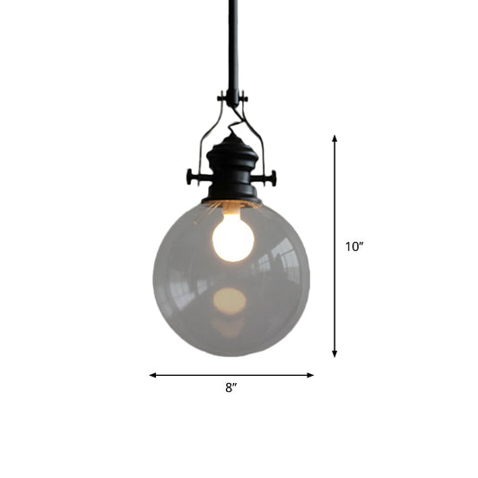 Globe Pendant Light Industrial 8"/10" Wide Single Light Clear Glass Hanging Lamp in Black Clearhalo 'Ceiling Lights' 'Glass shade' 'Glass' 'Industrial Pendants' 'Industrial' 'Middle Century Pendants' 'Pendant Lights' 'Pendants' 'Tiffany' Lighting' 616517